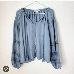 Chelsea & Theodore Blue Blouse W Tassels Tie Bohemian Large